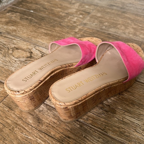 Stuart Weitzman Summer pink Suede Platform Cork Wedge Sandal Size 8 - Picture 3 of 7